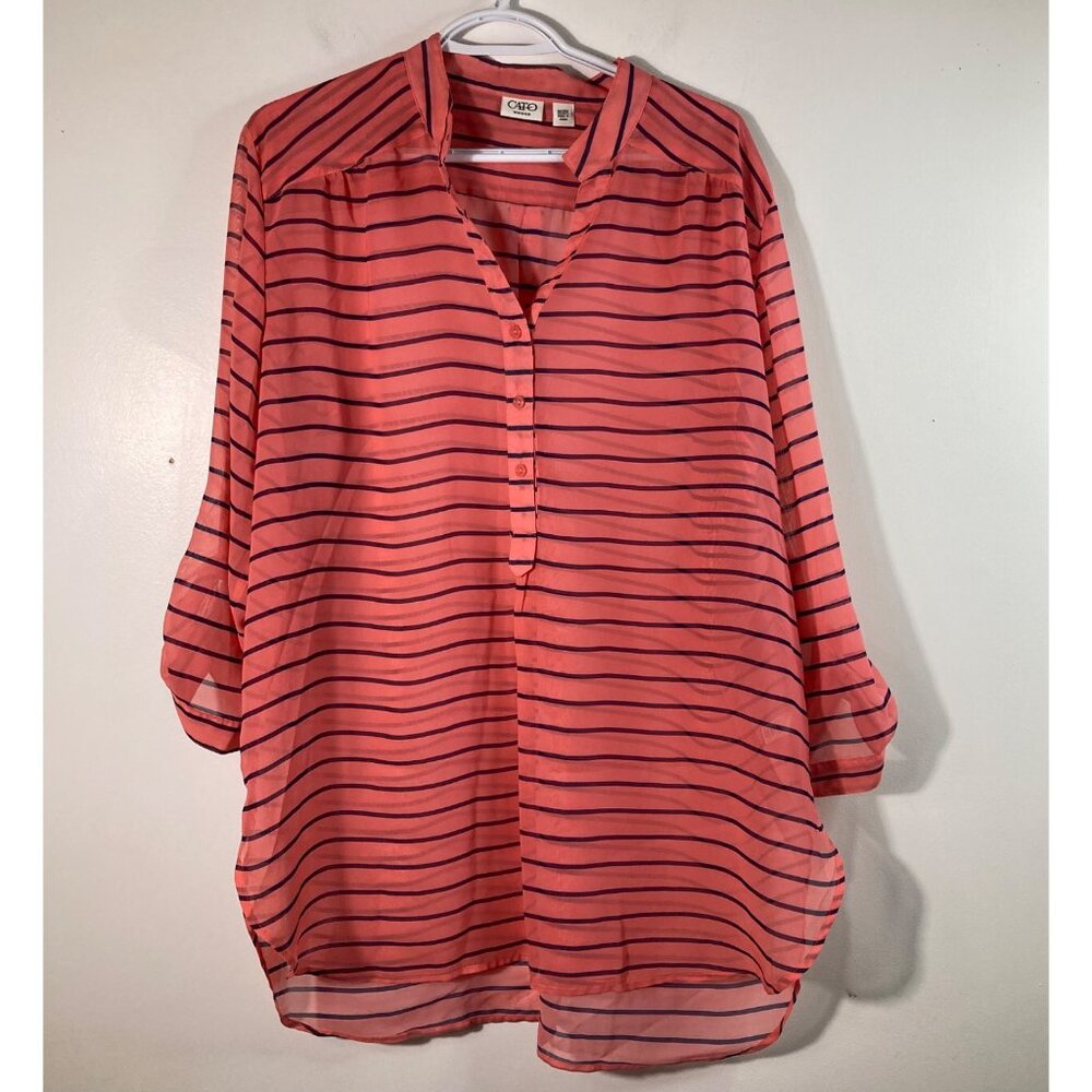 Womens Cato Sheer Striped Shirt Orange Navy Auburn 18/20W 3/4 Sleeve Polyester